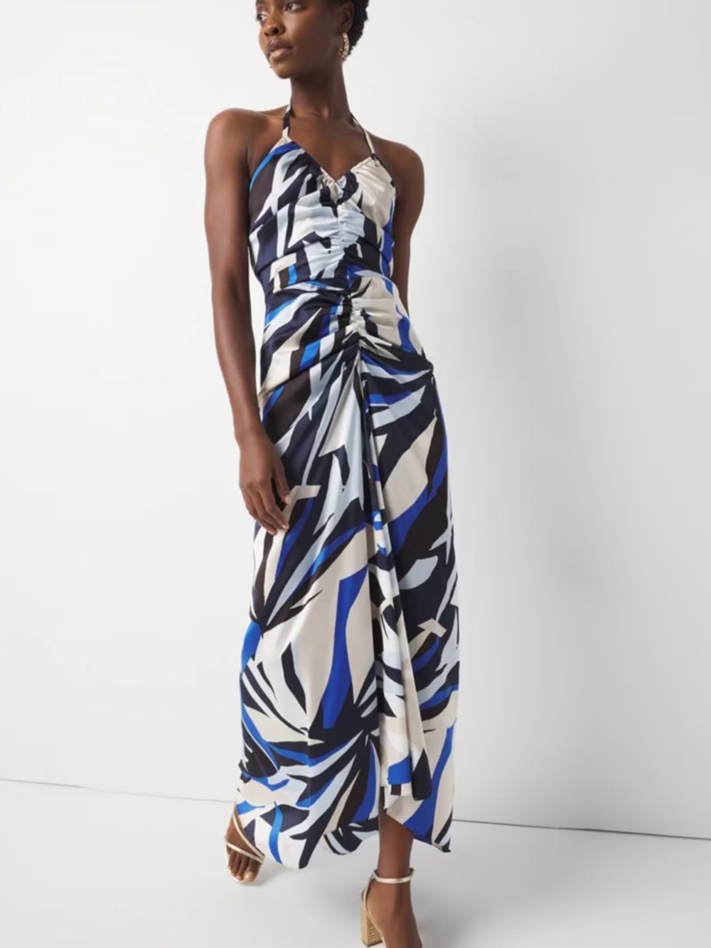 White House Black Market Blue, Black & White Abstract Halter Maxi Dress